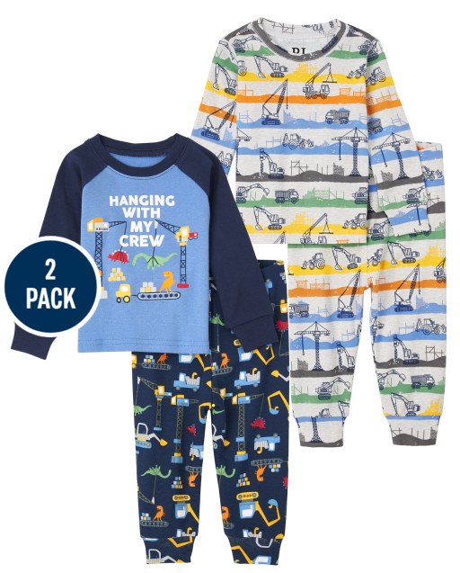 Paquete de 2 pijamas de algodón de ajuste ceñido para vehículos de construcción de manga larga para bebés y niños pequeños