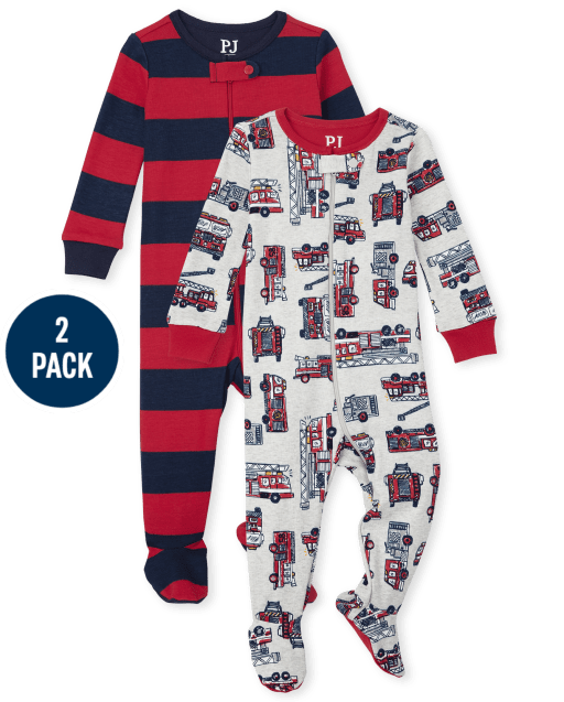 Baby And Toddler Boys Long Sleeve Fire Truck And Striped Print Snug Fit Cotton One Piece Pajamas 2-Pack