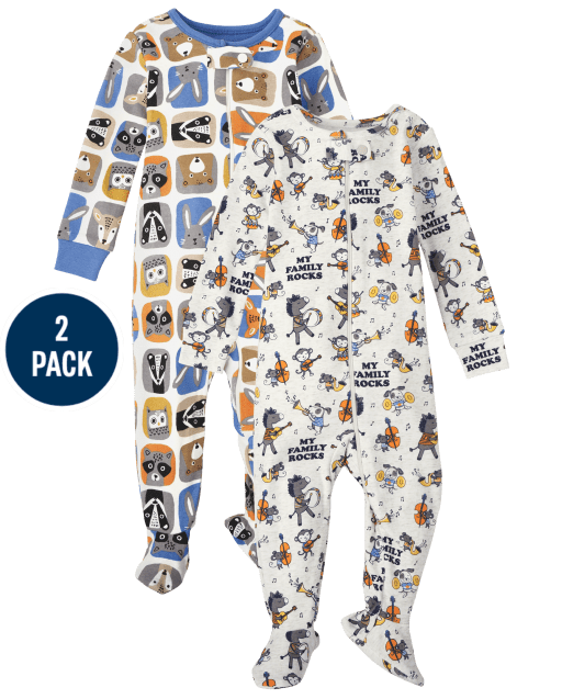 Unisex Baby And Toddler Long Sleeve Animal And 'My Family Rocks' Print Snug Fit Cotton One Piece Pajamas 2-Pack