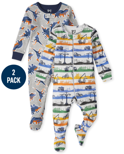 Baby And Toddler Boys Long Sleeve Dino And Construction Print Snug Fit Cotton One Piece Pajamas 2-Pack