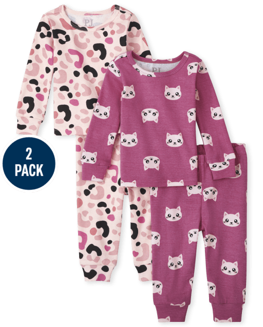 Baby And Toddler Girls Long Sleeve Cat And Leopard Print Snug Fit Cotton Pajamas 2-Pack