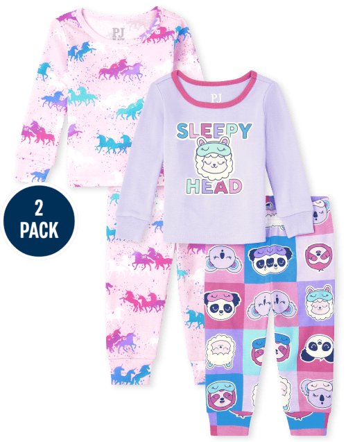 Paquete de 2 pijamas de algodón ajustados con unicornio y cabeza dormida de manga larga para bebés y niñas pequeñas