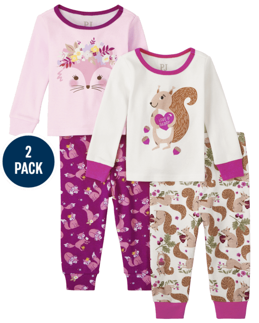 Baby And Toddler Girls Long Sleeve Fox And Squirrel Snug Fit Cotton Pajamas 2-Pack