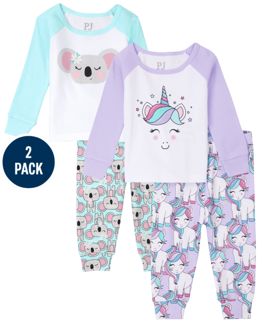 Baby And Toddler Girls Long Raglan Sleeve Unicorn And Koala Snug Fit Cotton Pajamas 2-Pack