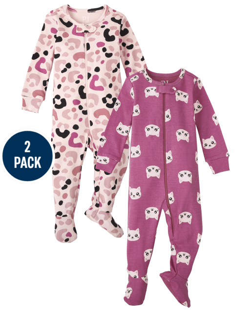 Baby And Toddler Girls Long Sleeve Cat And Leopard Print Snug Fit Cotton One Piece Pajamas 2-Pack