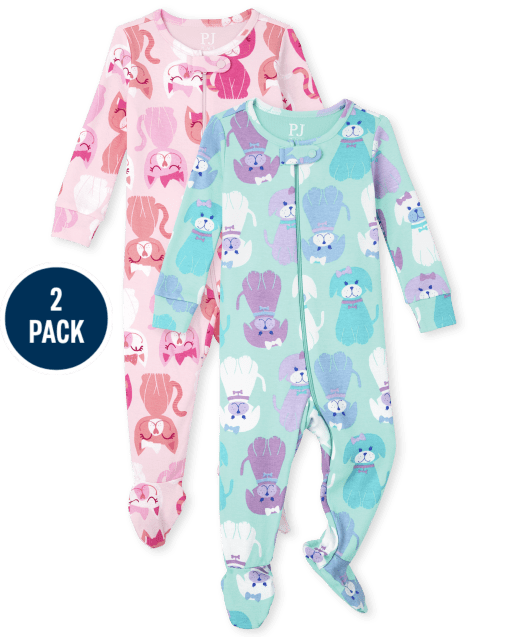 Baby And Toddler Girls Long Sleeve Cat And Dog Print Snug Fit Cotton One Piece Pajamas 2-Pack