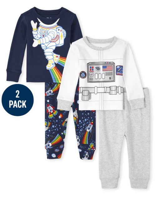 Paquete de 2 pijamas unisex de algodón con ajuste ceñido de astronauta de manga larga para bebés y niños pequeños