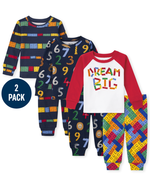 Paquete de 3 pijamas de algodón unisex con estampado de números y bloques de juguete de manga larga para bebés y niños pequeños