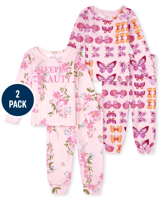Paquete de 2 pijamas de algodón de ajuste ceñido con flores y mariposas de manga larga para bebés y niñas pequeñas