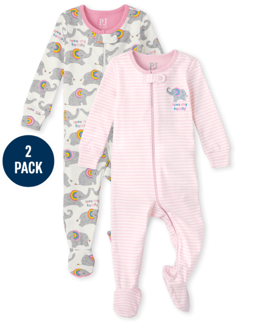 Paquete de 2 pijamas de una pieza de algodón con estampado de elefante y rayas de manga larga para bebés y niñas pequeñas