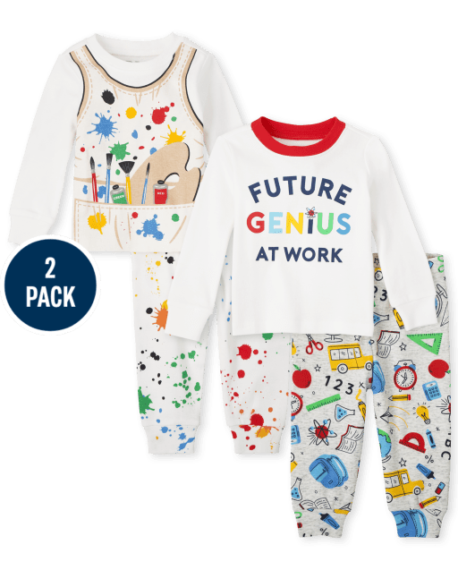Unisex Baby And Toddler Long Sleeve Paint And 'Future Genius At Work' Snug Fit Cotton Pajamas 2-Pack