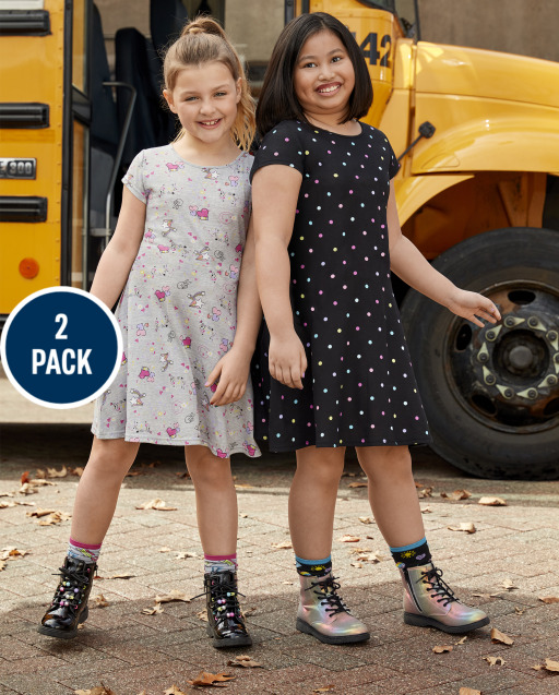Pack de 2 vestidos skater de punto estampado de manga corta para niñas