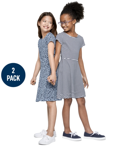 Girls Short Sleeve Print Knit Skater Dress 2-Pack