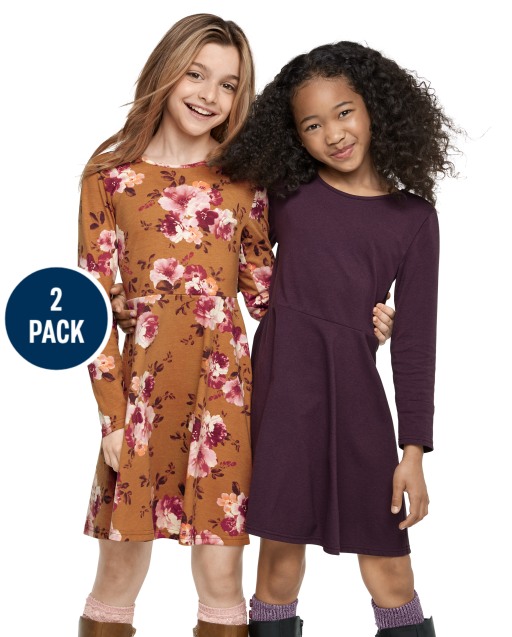 Girls Long Sleeve Floral Knit Skater Dress 2-Pack