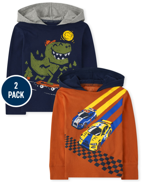 Toddler Boys Long Sleeve Dino And Racecar Hoodie Top 2-Pack