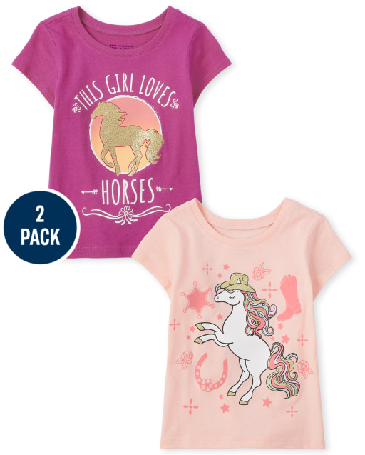 Paquete de 2 camisetas de manga corta con estampado de caballos y "This Girl Loves Horses" para bebés y niñas pequeñas