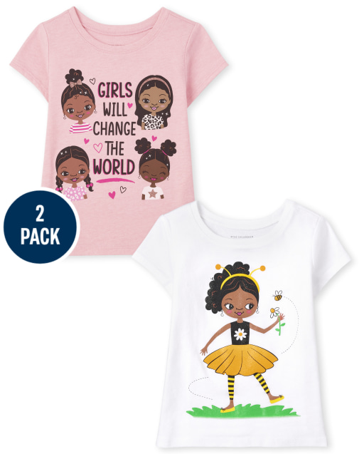 Paquete de 2 camisetas de manga corta para bebés y niñas pequeñas con gráfico "Girls Will Change The World"