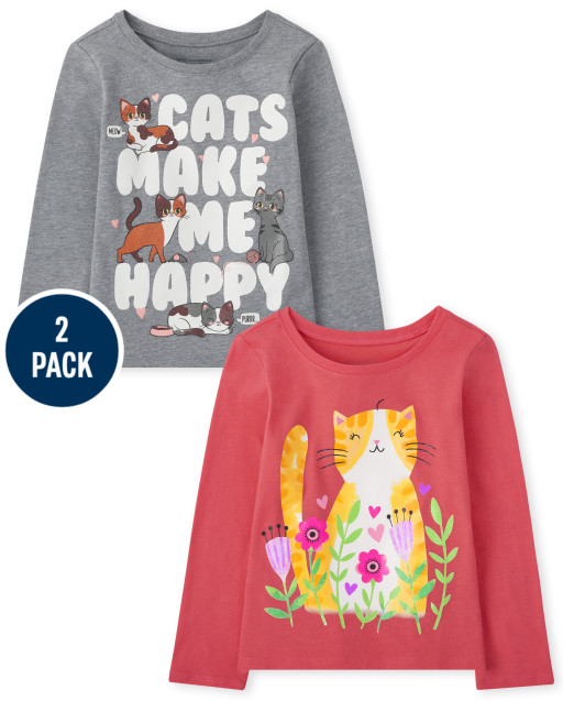 Paquete de 2 camisetas de manga larga con estampado de gato y "Cats Make Me Happy" para bebés y niñas pequeñas