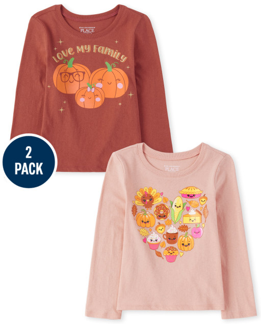 Toddler Girls Long Sleeve Heart And 'Love My Family' Graphic Tee 2-Pack