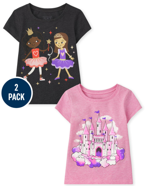 Paquete de 2 camisetas de manga corta con estampado de castillo y princesa para niñas pequeñas
