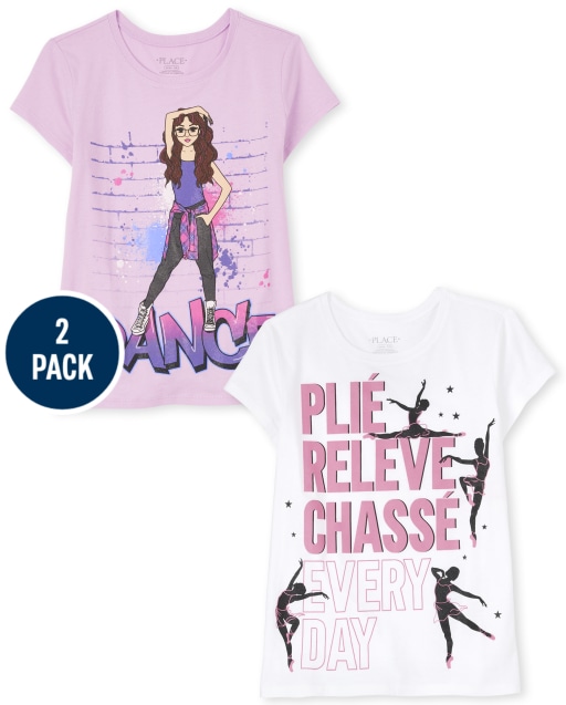 Paquete de 2 camisetas de manga corta con gráfico "Plie Releve Chasse Every Day" y "Dance" para niñas