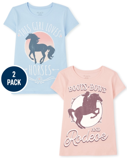 Paquete de 2 camisetas de manga corta para niñas con gráfico "Boots Bows And Rodeos" y "This Girl Loves Horses"