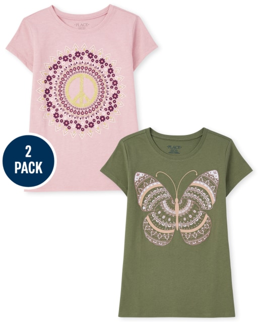 Pack de 2 camisetas de manga corta con estampado de mariposas y paz para niñas