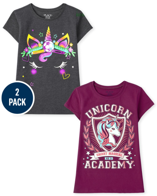 Girls Short Sleeve 'Unicorn Academy' And Soccer Unicorn Graphic Tee 2-Pack