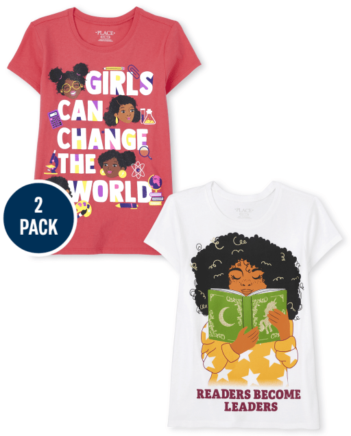 Paquete de 2 camisetas gráficas para niñas "Las niñas pueden cambiar el mundo" y "Los lectores se convierten en líderes"