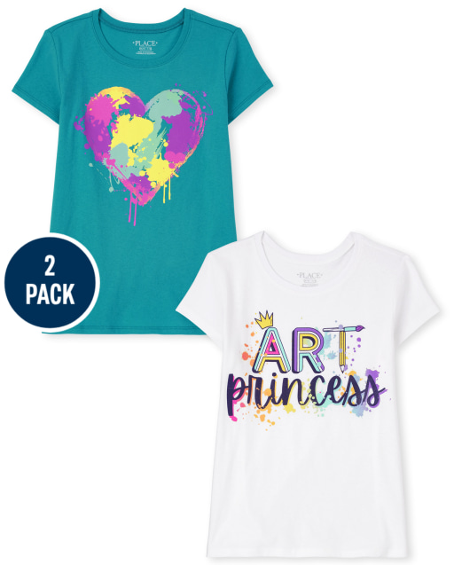 Paquete de 2 camisetas de manga corta con estampado de corazón y 'Art Princess' para niñas