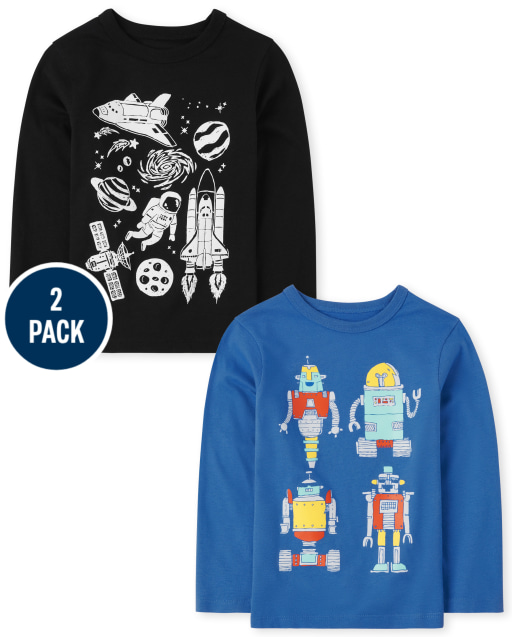 Baby And Toddler Boys Long Sleeve Space And Robot Graphic Tee 2-Pack