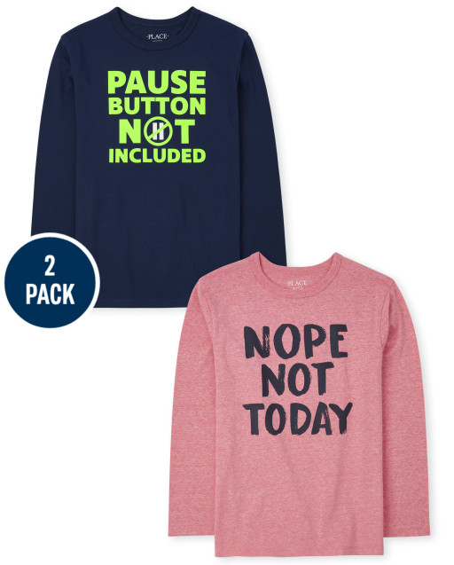 Pack de 2 camisetas gráficas de manga larga para niños "Nope Not Today" y "Botón de pausa no incluido"