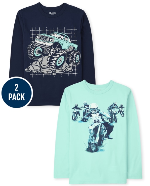 Boys Long Sleeve Dirt Bike And Monster Truck Graphic Tee 2-Pack