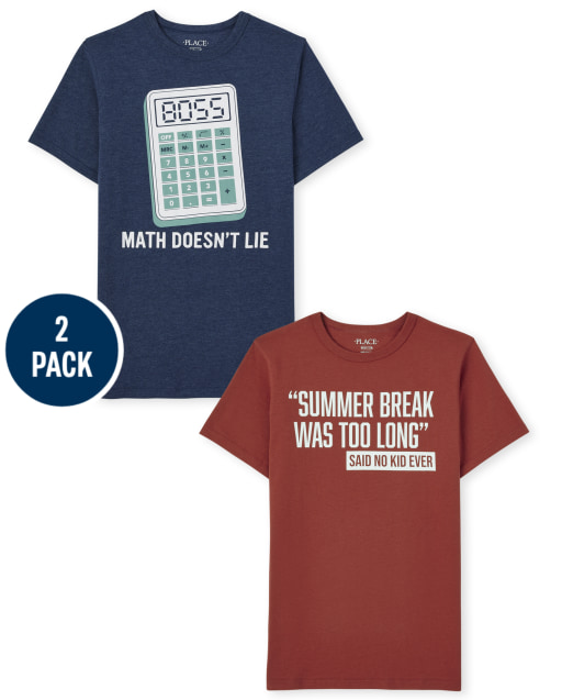 Paquete de 2 camisetas gráficas "Math Doesn't Lie" y "Summer Break Was Too Long" para niños