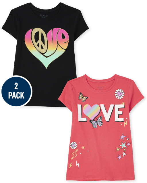 Paquete de 2 camisetas de manga corta con estampado de amor para niñas