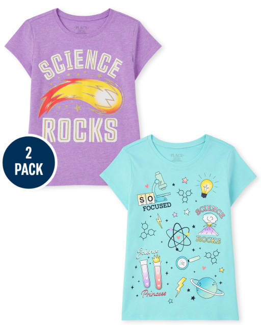 Girls Short Sleeve Sciene And 'Science Rocks' Graphic Tee 2-Pack