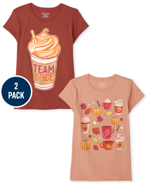 Girls Short Sleeve Pumpkin Spice And 'Team Spice' Graphic Tee 2-Pack
