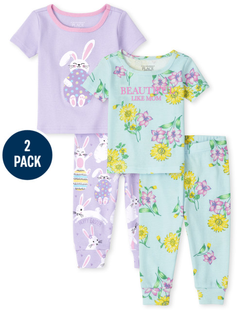 Baby And Toddler Girls Short Sleeve Bunny And 'Beautiful Like Mom' Floral Snug Fit Cotton Pajamas 2-Pack