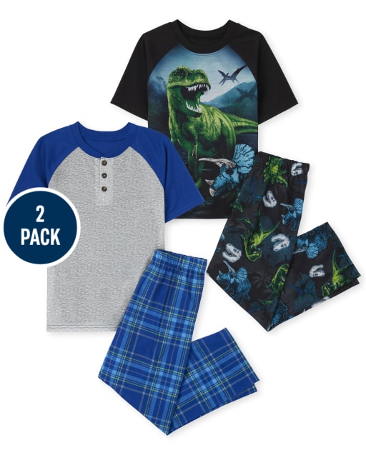 Boys Short Raglan Sleeve Plaid And Dino Pajamas 2-Pack