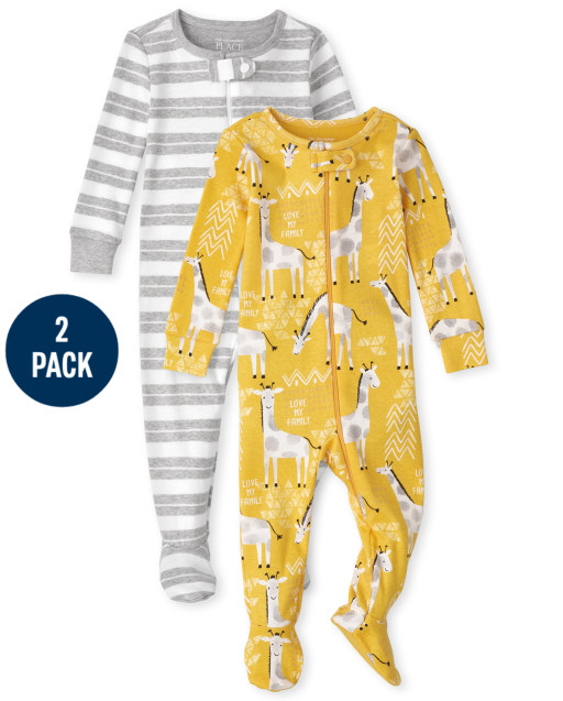 Unisex Baby And Toddler Long Sleeve 'Love My Family' Giraffe And Striped Snug Fit Cotton One Piece Pajamas 2-Pack