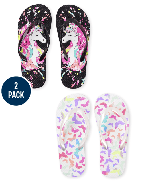 Chanclas con diseño de salpicaduras de pintura de unicornio para niña y chanclas con mariposa arcoíris, paquete de 2