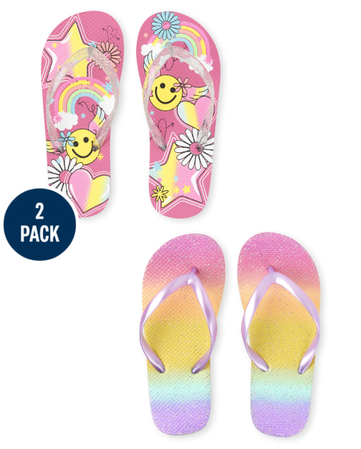 Girls Doodle Flip Flops And Rainbow Ombre Flip Flops 2-Pack