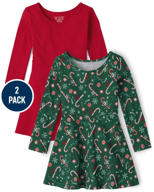 Toddler Girls Christmas Long Sleeve Candy Cane Print And Solid Knit Skater Dress 2-Pack