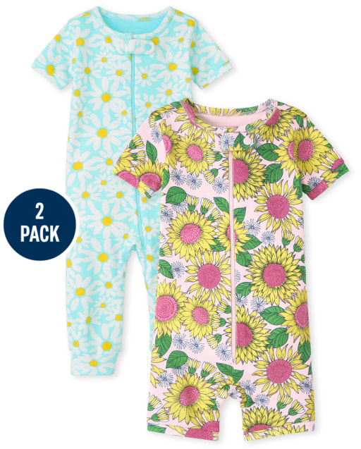 Pijama de una pieza de algodón de ajuste ceñido con girasoles y margaritas de manga corta para bebés y niñas pequeñas