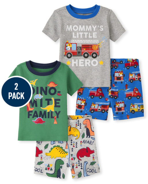 Baby And Toddler Boys Short Sleeve 'Mommy's Little Hero' And 'Dino-Mite Family' Snug Fit Cotton Pajamas