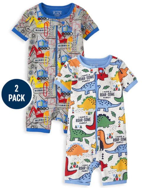 Pijama de una pieza de algodón con estampado de dinosaurios y vehículos de construcción de manga corta para bebés y niños pequeños