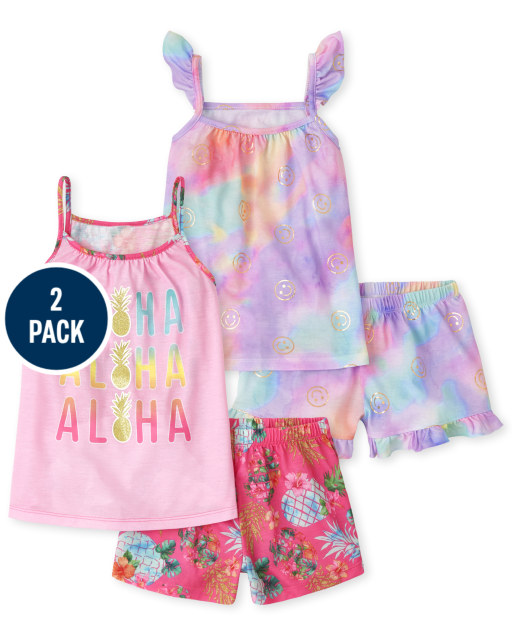 Pijama sin mangas con diseño de aloha y volantes de cara feliz de papel metalizado para niñas