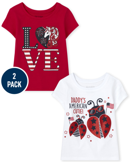 Paquete de 2 camisetas americanas de manga corta para bebés y niñas pequeñas