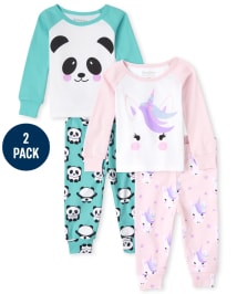 Baby And Toddler Girls Unicorn Panda Snug Fit Cotton Pajamas 2-Pack