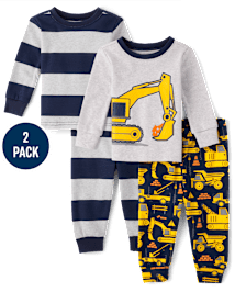 Baby And Toddler Boys Striped Construction Snug Fit Cotton Pajamas 2-Pack